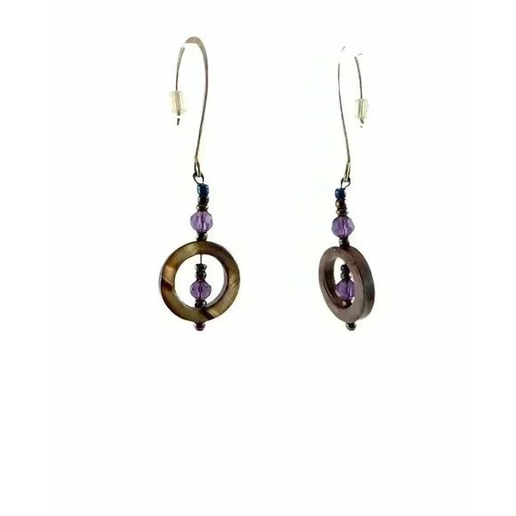 Brown Seashells Purple Faceted Bead Fish Hook Earrings - Picture 4 of 9